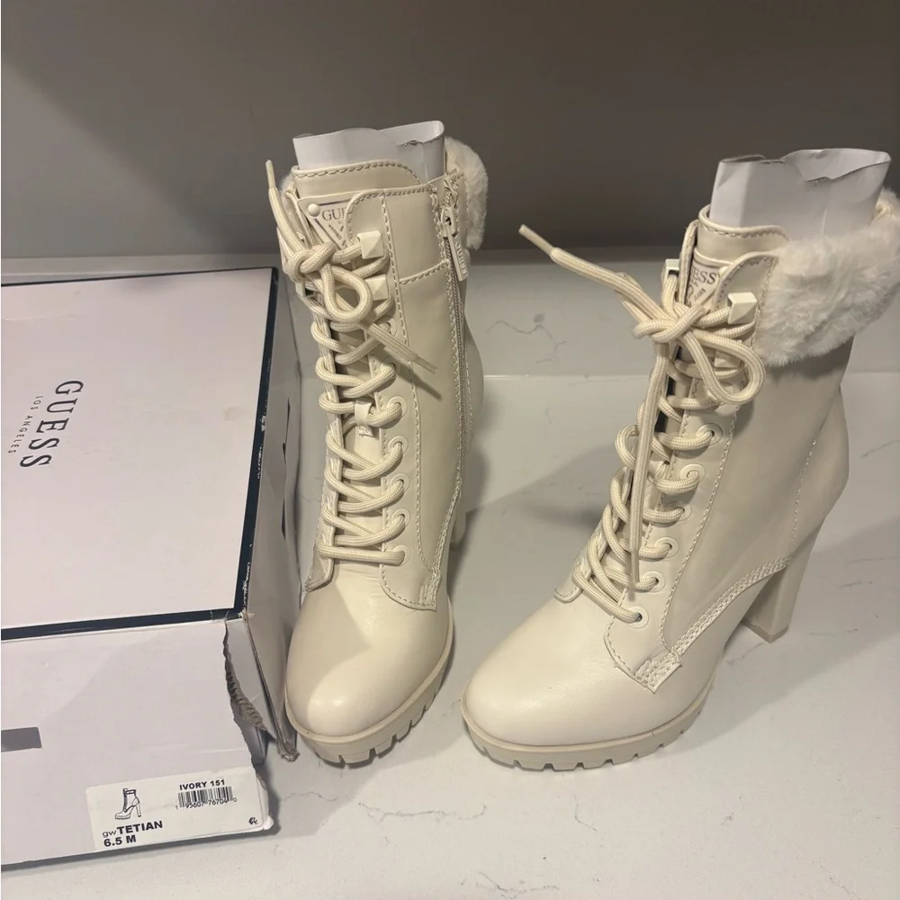 GUESS Women's Off-White Lace-Up Boots